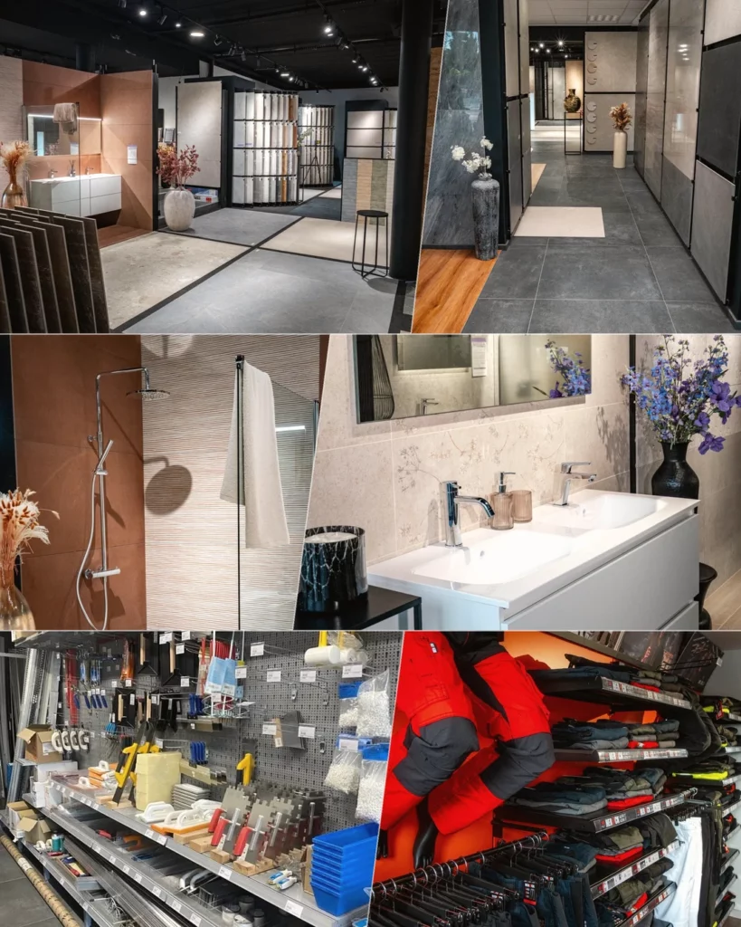 Montage vertical associant des vues des espaces carrelage, salle de bain, Brico et vêtements de travail.